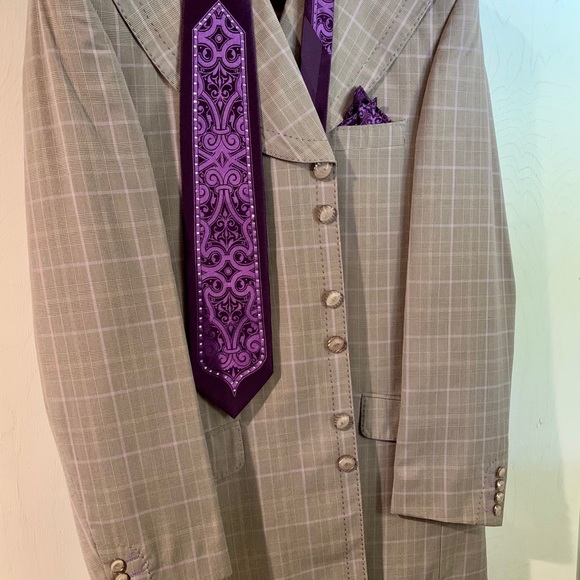 Men’s 3 piece beige and purple striped suit 35W - Picture 3 of 3